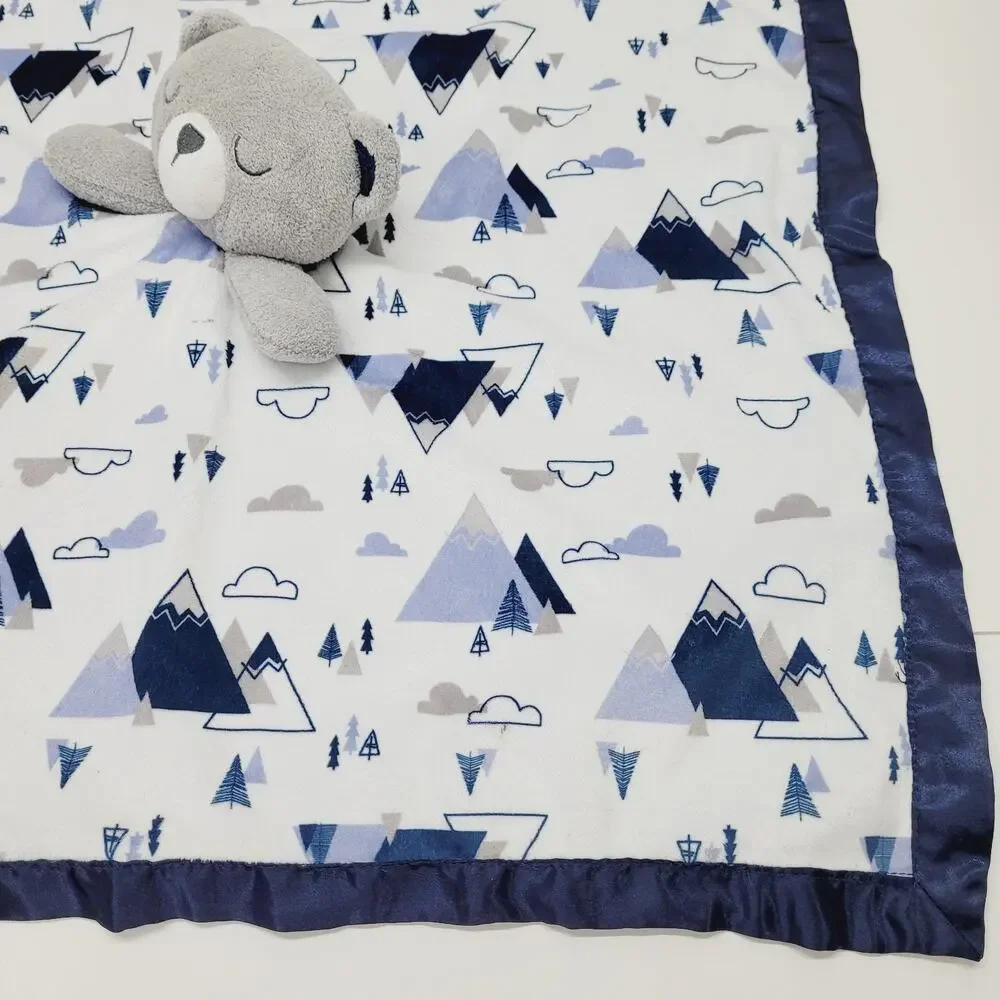 Just Born Bear Baby Blanket White Grey Blue Mountains Satin Security Lovey 24